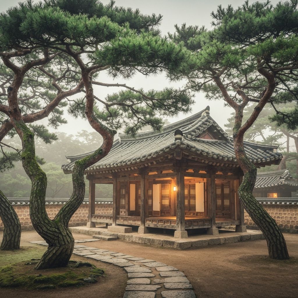 Serene traditional Korean hanok pavilion among pine trees