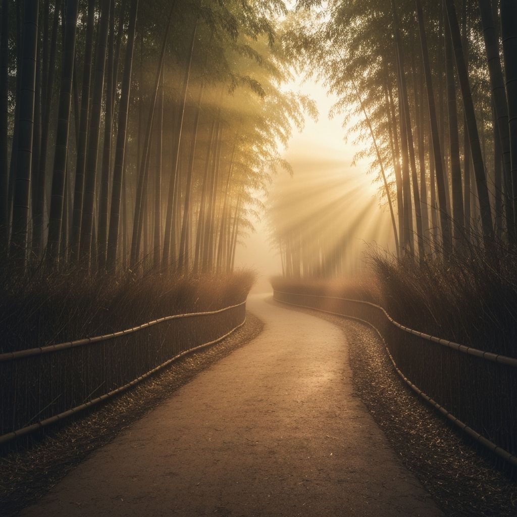 Misty bamboo forest path leading toward golden light