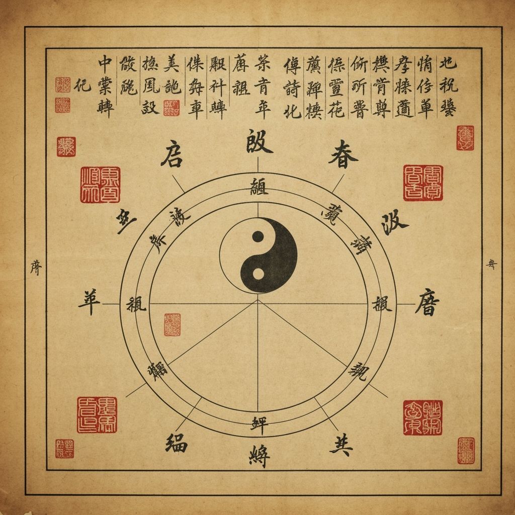 Ancient celestial chart with yin-yang and five elements calligraphy on aged paper